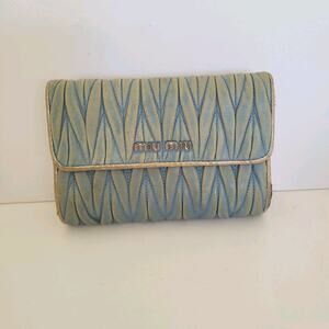 Miu Miu Wallet Matelasse Blue Silver Folding Medium Zip Card Holder Logo Leather